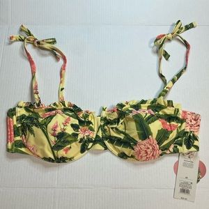Women’s Agua Bendita Bandeau Bikini Top with Straps NWT Floral Pink and Yellow